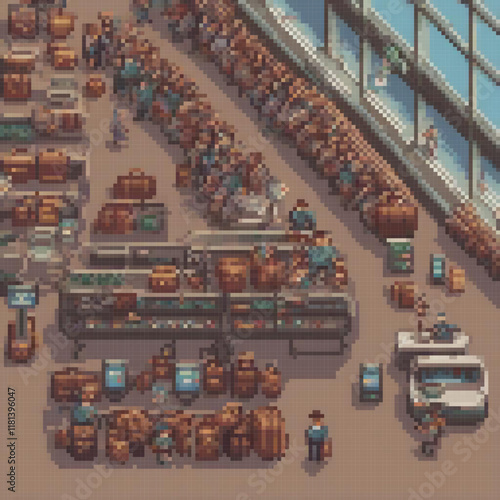 Pixel art depiction of a bustling train station scene with travelers and their baggage.