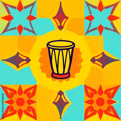 Vibrant Djembe Rhythm: A lively illustration of a djembe drum set against a backdrop of bright, geometric patterns.  The image evokes feelings of rhythm, energy, and cultural celebration.  photo