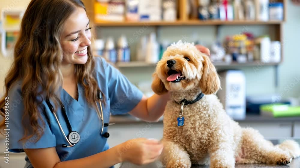 Cheerful veterinarian smiling with a cute dog in a clinic. Friendly pet care, animal health, vet services, and happy pet moments. Professional veterinary practice 4K. Cheerful veterinarian smiling with a cute dog in a clinic. Friendly pet care, animal health, vet services, and happy pet moments. Professional veterinary practice 4K.