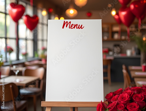 Valentine day menu mockup on the blank canvas in a cafe 