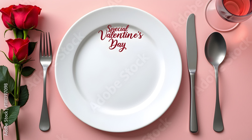 Special Valentine day menu mockup on a plate with cutlery and roses 