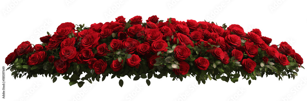 A large bouquet of red roses, neatly arranged at the bottom edge on a transparent background