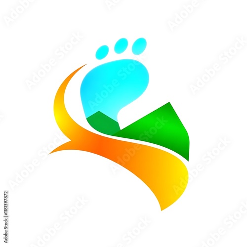 Footprint Adventure Logo: Vibrant and symbolic logo design featuring a footprint with nature elements, ideal for travel, adventure, or environmental organizations.   photo