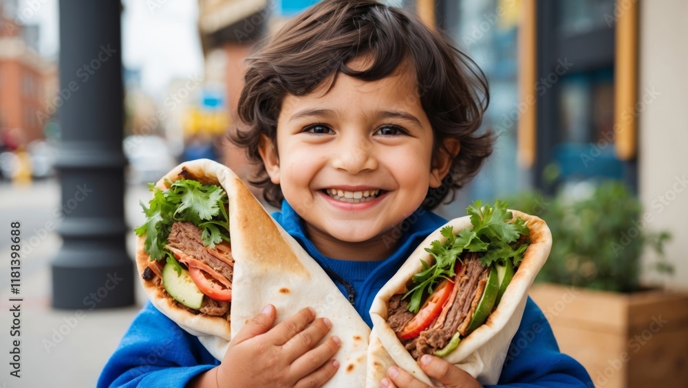 A small boy with dark hair, happily smiling, holds a delicious shawarma without wrapping in his hands. A small boy with dark hair, happily smiling, holds a delicious shawarma without wrapping in his hands.