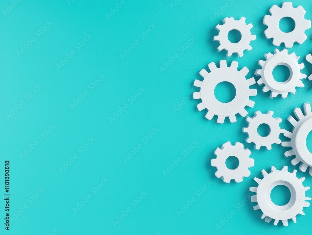 A collection of white gears arranged on a vibrant turquoise background, symbolizing machinery, engineering, and teamwork. A collection of white gears arranged on a vibrant turquoise background, symbolizing machinery, engineering, and teamwork.