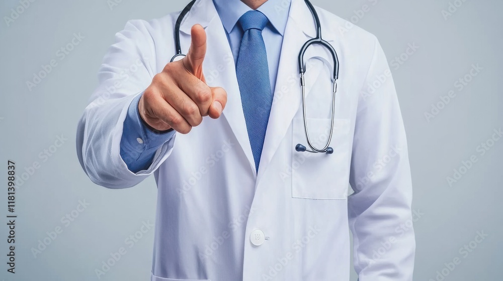 Doctor in White Coat Pointing with Confidence, Stethoscope Around Neck, Professional Medical Advisor Doctor in White Coat Pointing with Confidence, Stethoscope Around Neck, Professional Medical Advisor