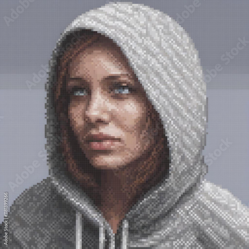 Cute pixel art woman in a hoodie gazes at the camera.