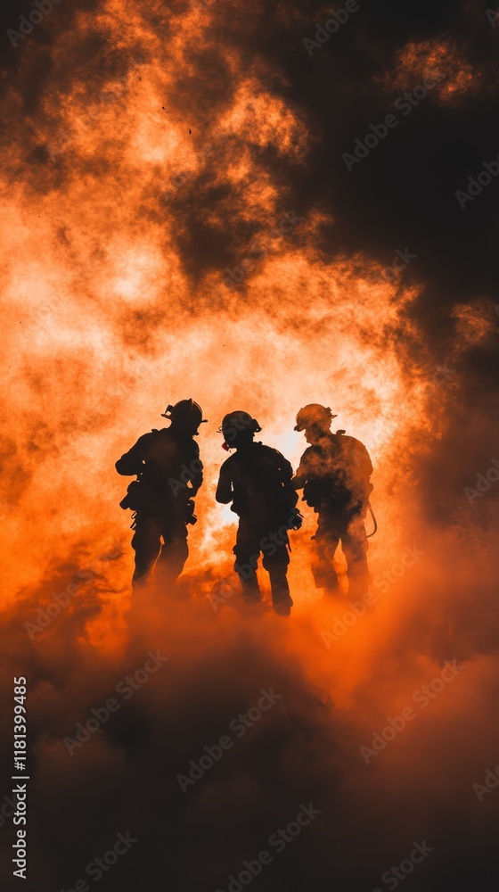 Fototapeta premium Three firefighters are silhouetted against a backdrop of raging flames and swirling orange smoke, bravely confronting the intense heat and danger of the blaze