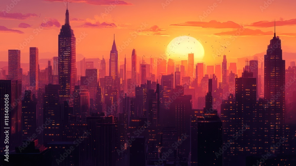 Fototapeta premium Sunset Metropolis: A fiery orange sun sets behind a sprawling cityscape, casting a warm glow on the skyscrapers.
