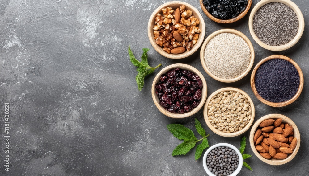 A variety of nuts and seeds arranged in bowls, showcasing diverse textures and colors against a textured gray background. A variety of nuts and seeds arranged in bowls, showcasing diverse textures and colors against a textured gray background.