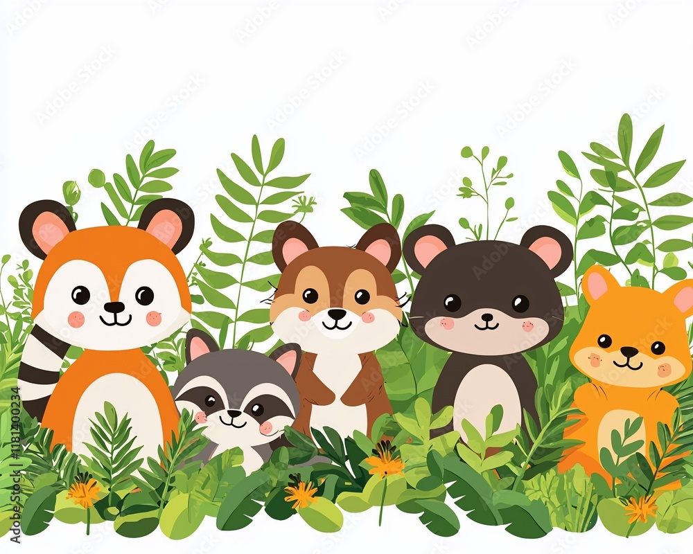 Naklejka premium Cute cartoon animals in lush greenery.