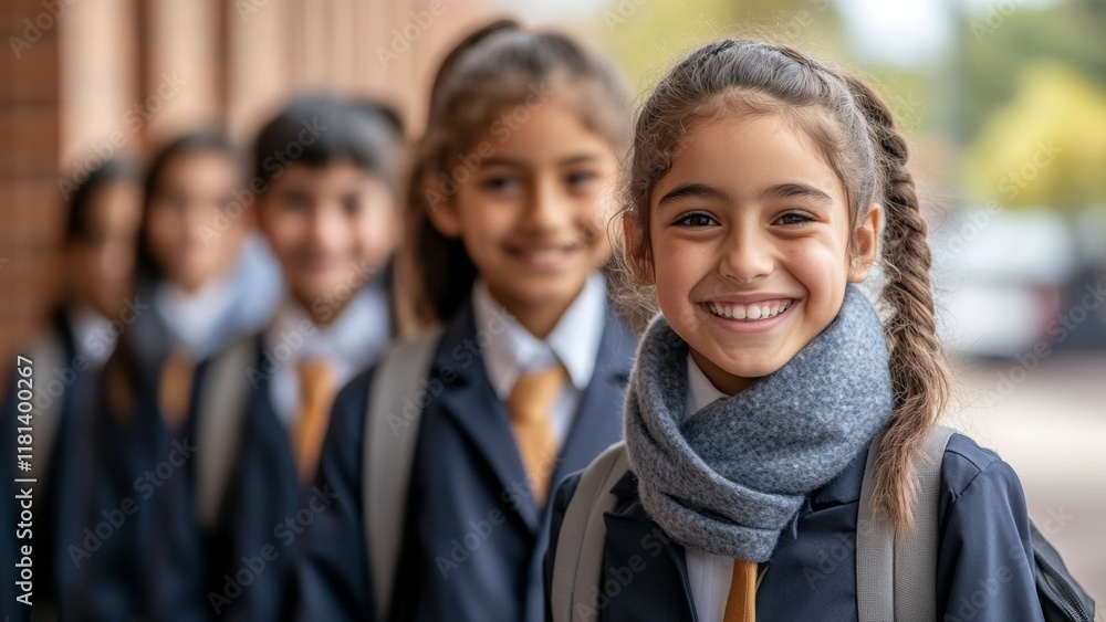 Young students happily waiting in line outside school Young students happily waiting in line outside school