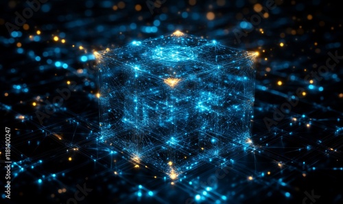 Digital, transmission and tech in data, network or firewall for protection, communication or blockchain. Hologram, engineering and futuristic in cybersecurity and computing, abstract, Generative AI