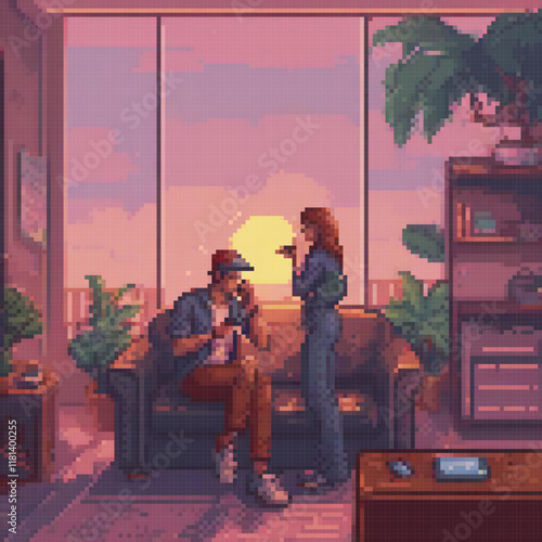 Pixel art depicts a couple relaxing on a couch in a cozy living room setting.