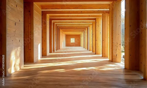 Sunlight illuminating empty corridor made of cross laminated timber panels