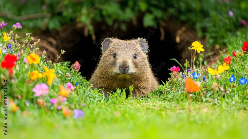 A small, furry animal emerges cautiously from a burrow surrounded by a lively display of colorful flowers, capturing the essence of a bright and cheerful day in nature. A small, furry animal emerges cautiously from a burrow surrounded by a lively display of colorful flowers, capturing the essence of a bright and cheerful day in nature.