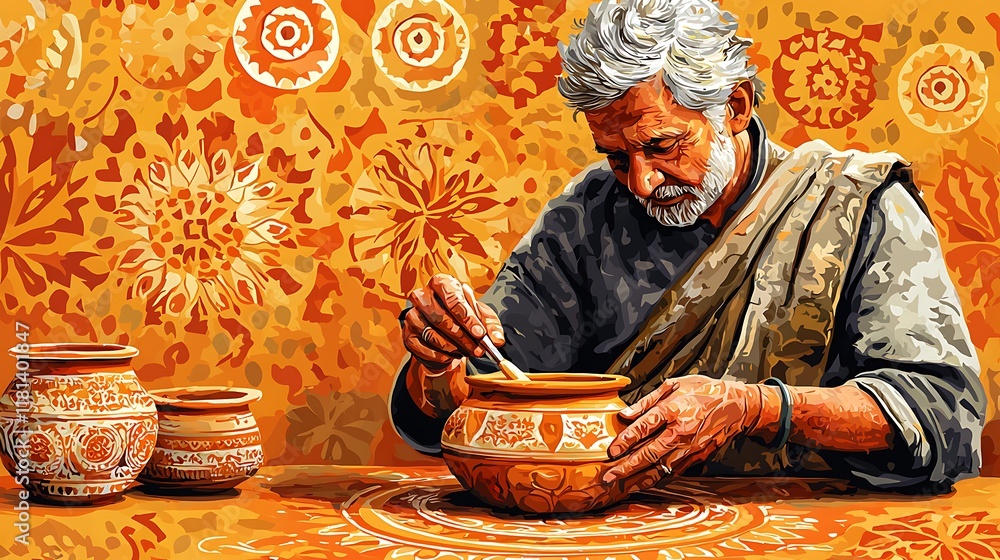 Fototapeta premium Skilled Potter Shaping Clay Pot with Traditional Designs in Vibrant Orange Setting.