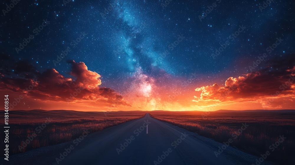 Fototapeta premium Celestial Road: A Journey Through Starry Nights and Fiery Skies