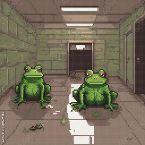 Pixel art frogs in a hallway