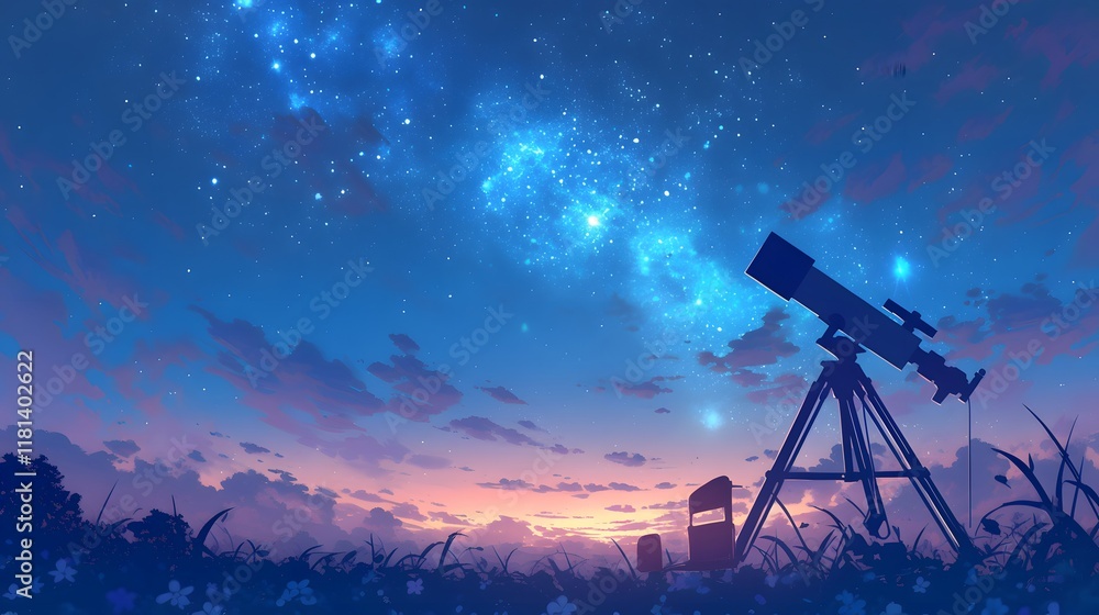 Starry night observation with a telescope under the vast cosmos filled with stars and a bright moon in a serene environment.