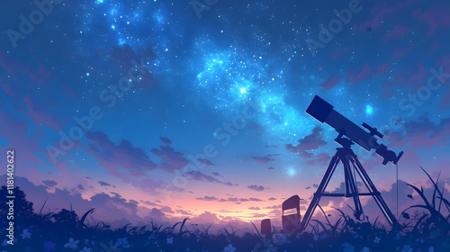 Obraz na płótnie Starry night observation with a telescope under the vast cosmos filled with stars and a bright moon in a serene environment. w salonie