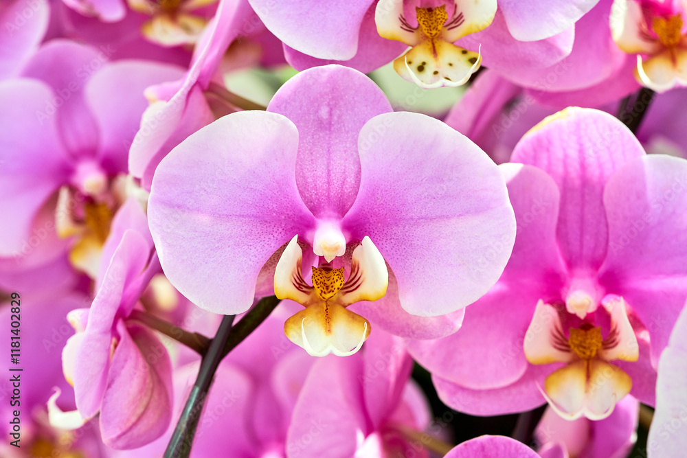 Fototapeta premium Close cup of purple flowering orchid. Beautiful purple orchid flower. Phalaenopsis orchid flower
