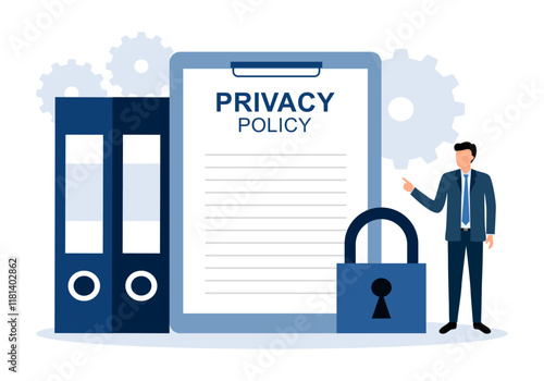 Privacy policy. Businessman with document, protecting personal data. Concept of privacy policy, user agreement vector illustration in flat design.