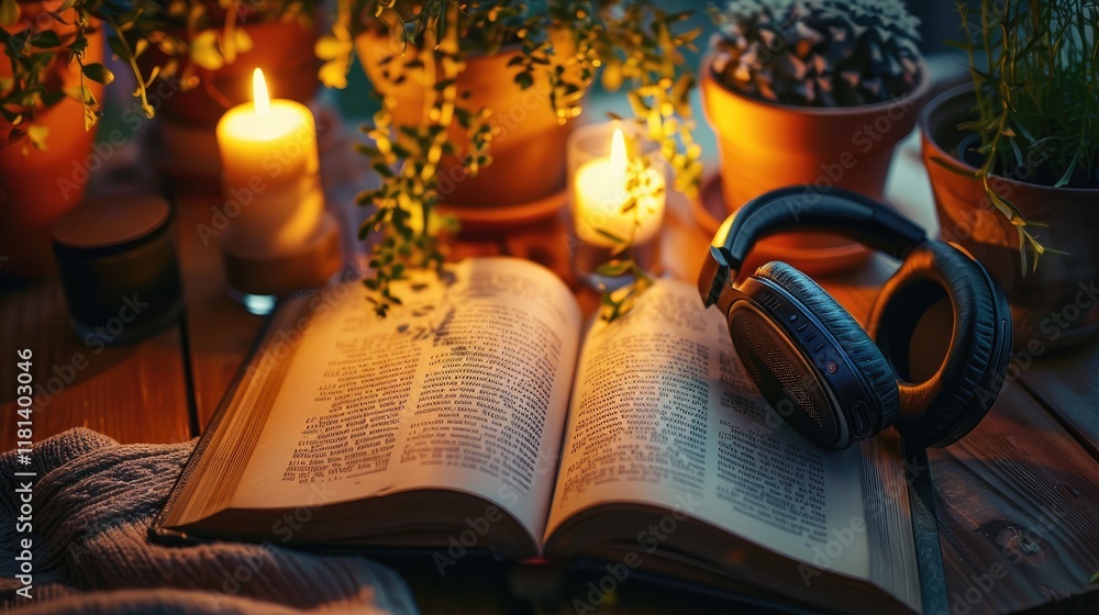 An open book with headphones resting on it An open book with headphones resting on it