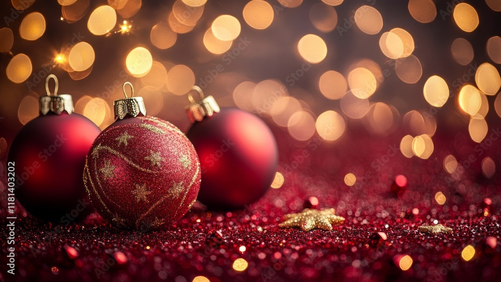 Beautiful red Christmas ornaments on festive table setting Beautiful red Christmas ornaments on festive table setting