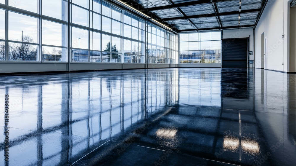 Empty industrial space, shiny floor, large windows. Empty industrial space, shiny floor, large windows.