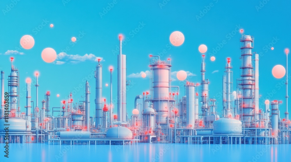 Obraz premium A chemical plant with towering equipment, set on a sky blue background