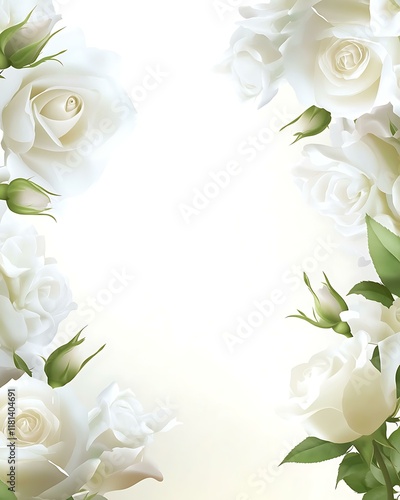 Fototapeta Naklejka Na Ścianę i Meble -  A minimalist watercolor floral wedding background with white roses and soft green foliage framing the edges of the design. The clean, subtle border leaves a large white copy space in the middle,