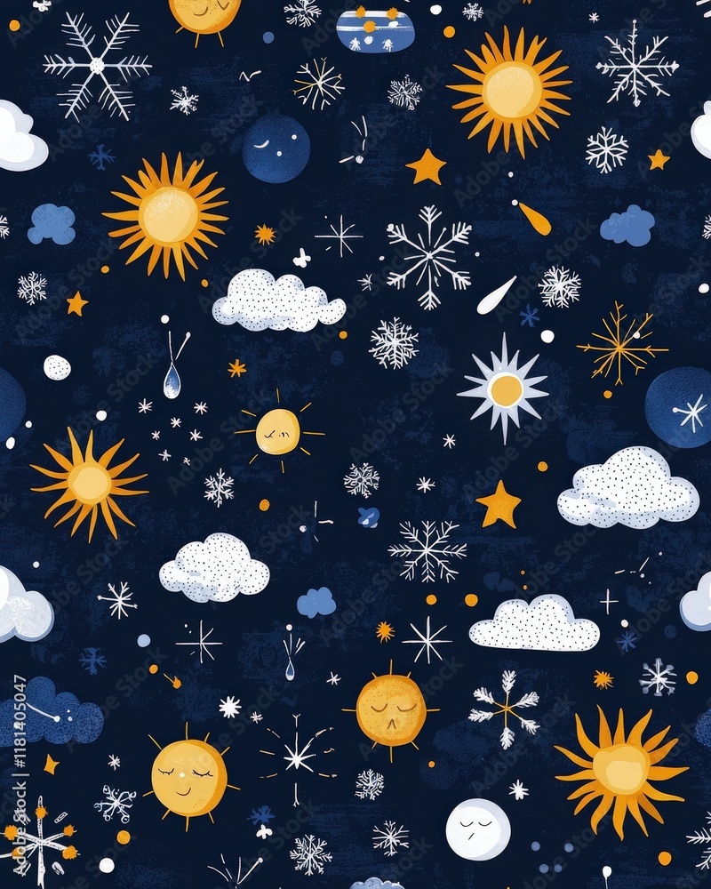A seamless weather-themed wallpaper featuring tiny suns, snowflakes, and rainclouds, A seamless weather-themed wallpaper featuring tiny suns, snowflakes, and rainclouds,