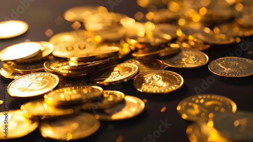 Detailed image of gold coins scattered on a black photo