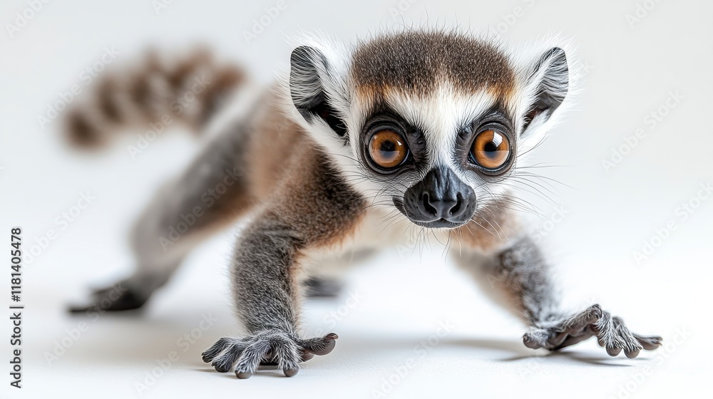 Fototapeta premium Adorable ring-tailed lemur baby on white background.