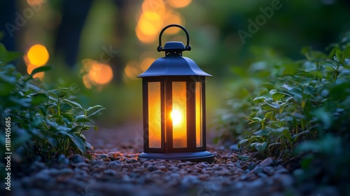 Soft glow of lantern illuminating garden pathway at sunset