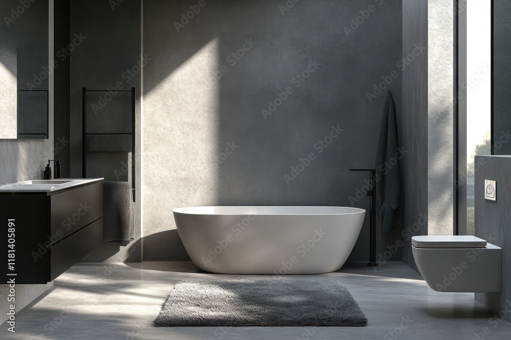 Modern Bathroom Design With Freestanding Tub And Concrete Walls Modern Bathroom Design With Freestanding Tub And Concrete Walls