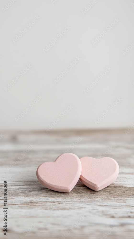 Two delicate pink hearts sit gently on a weathered wooden surface, evoking feelings of love, romance, and connection, perfect for valentine's day, anniversaries, or any celebration of affection Two delicate pink hearts sit gently on a weathered wooden surface, evoking feelings of love, romance, and connection, perfect for valentine's day, anniversaries, or any celebration of affection