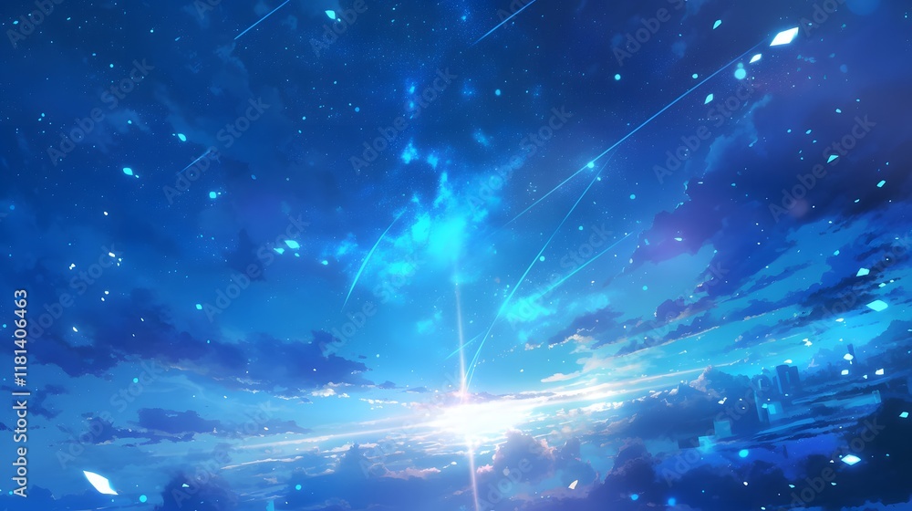 Stunning anime background featuring a fantasy sky with star falls and beautiful flares in a magical night sky