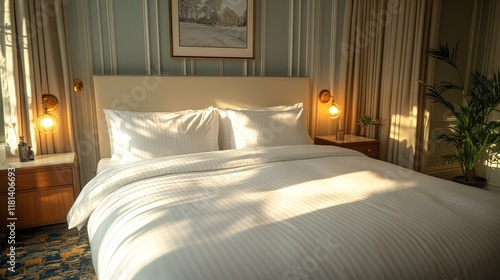 Bright and modern bedroom featuring large windows and elegant decor in a sere...