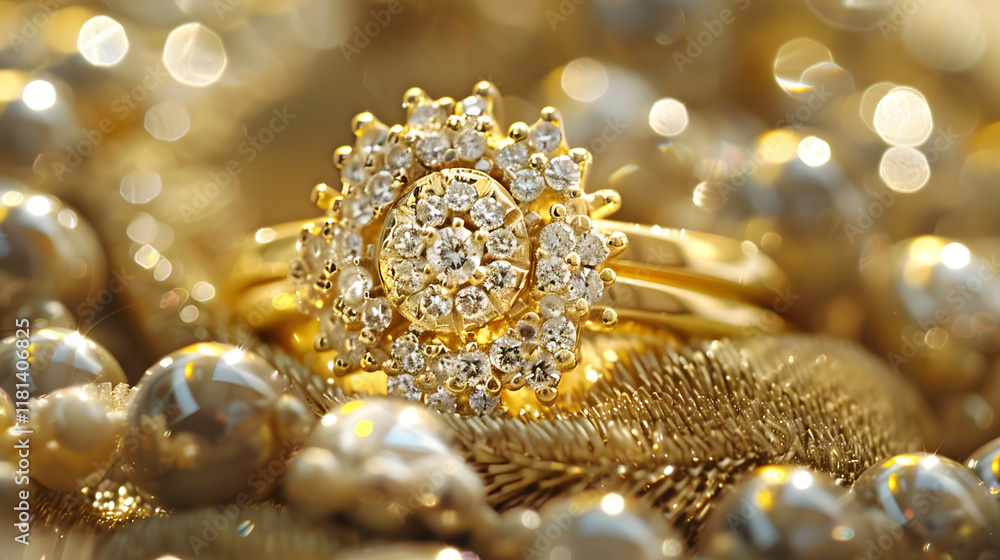 Gold ring adorned with diamonds resting on a velvet Gold ring adorned with diamonds resting on a velvet