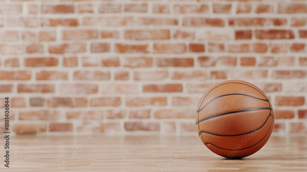 basketball resting on wooden floor against brick wall background basketball resting on wooden floor against brick wall background