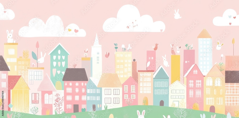 Pastel Cityscape Featuring Bunnies and Birds Pastel Cityscape Featuring Bunnies and Birds