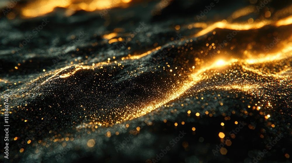 Golden Glitter Texture: Abstract Dark Background with Sparkling Particles and Shimmering Waves Golden Glitter Texture: Abstract Dark Background with Sparkling Particles and Shimmering Waves