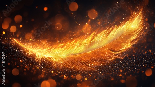 Vibrant fiery feather illuminated against a dark background with glowing embe...