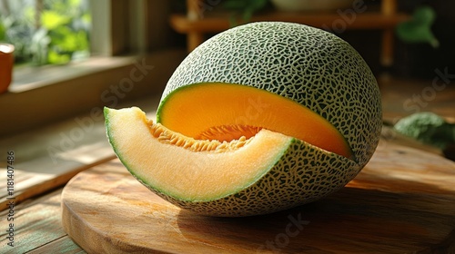 Freshly cut melon resting on a wooden board with mint leaves in a sunlit kitchen