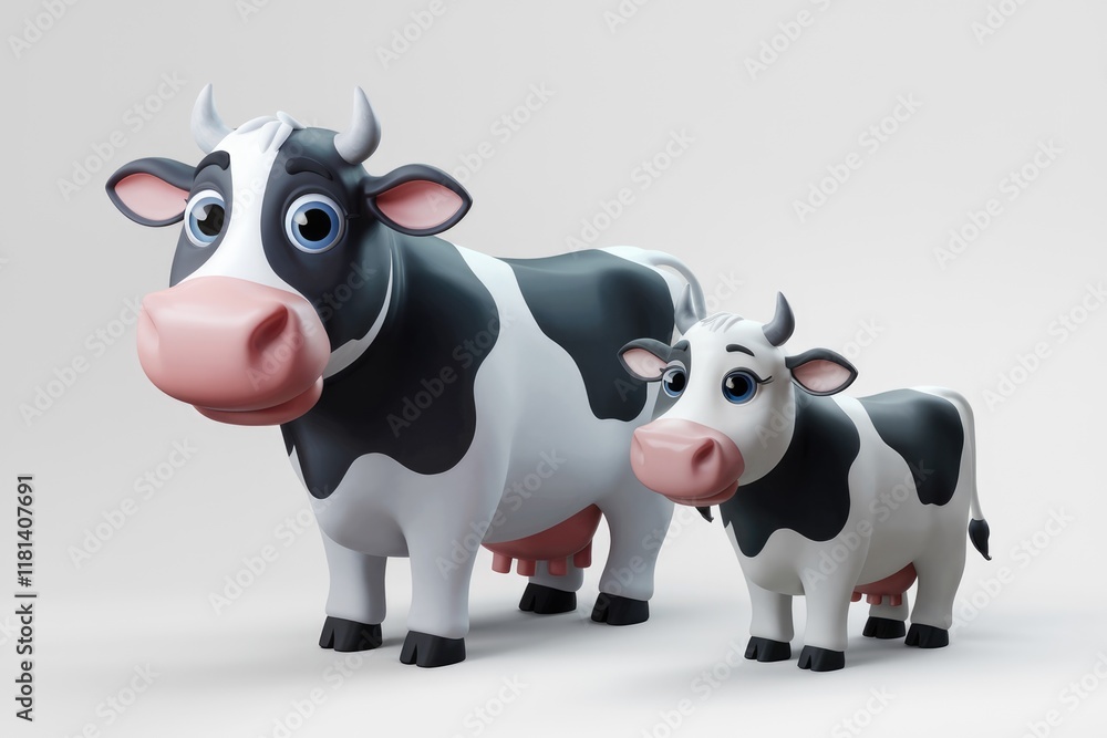 Two cute cartoon cows one large and one small standing on a white background. Two cute cartoon cows one large and one small standing on a white background.