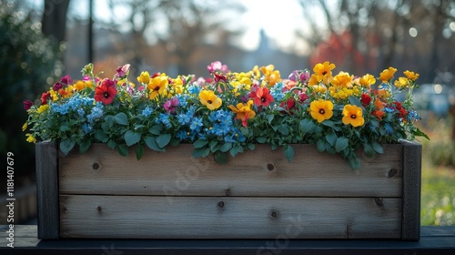 Colorful flower box filled with vibrant blooms in a wooden planter