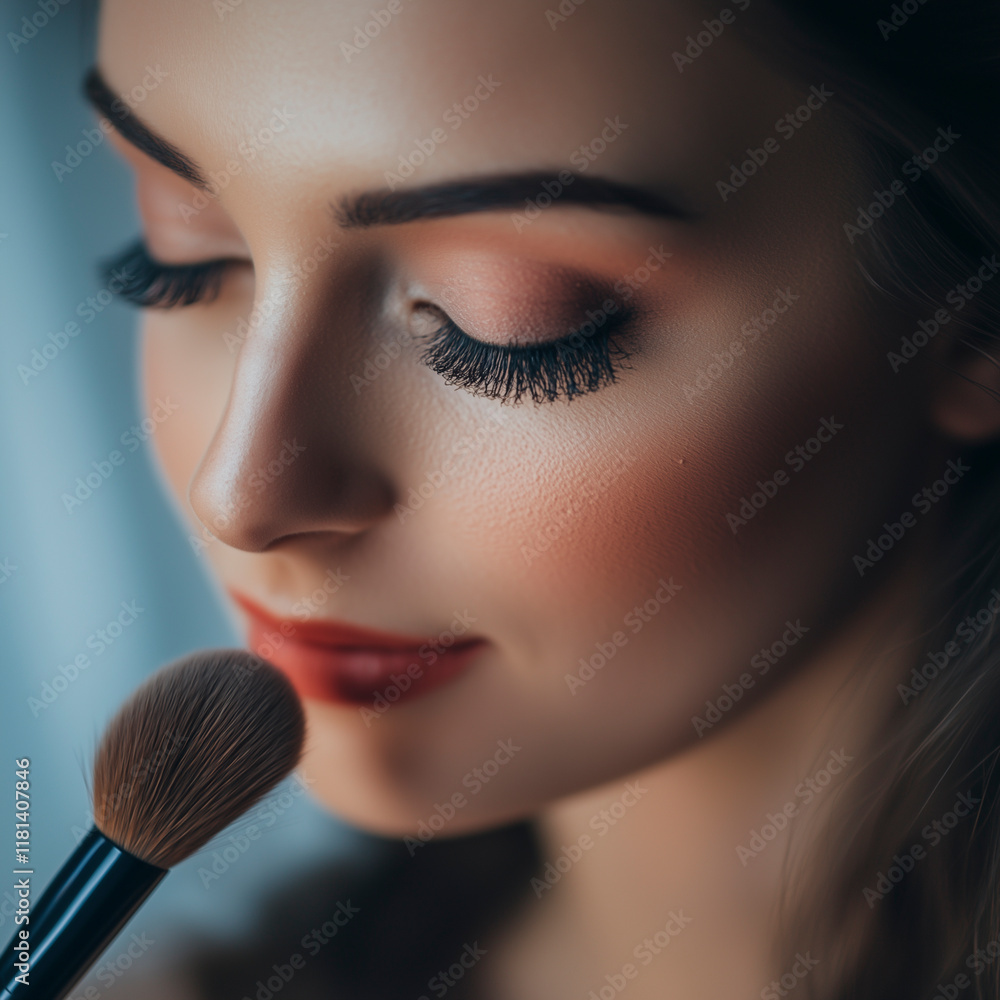 Woman putting blush on her face. Woman putting blush on her face.