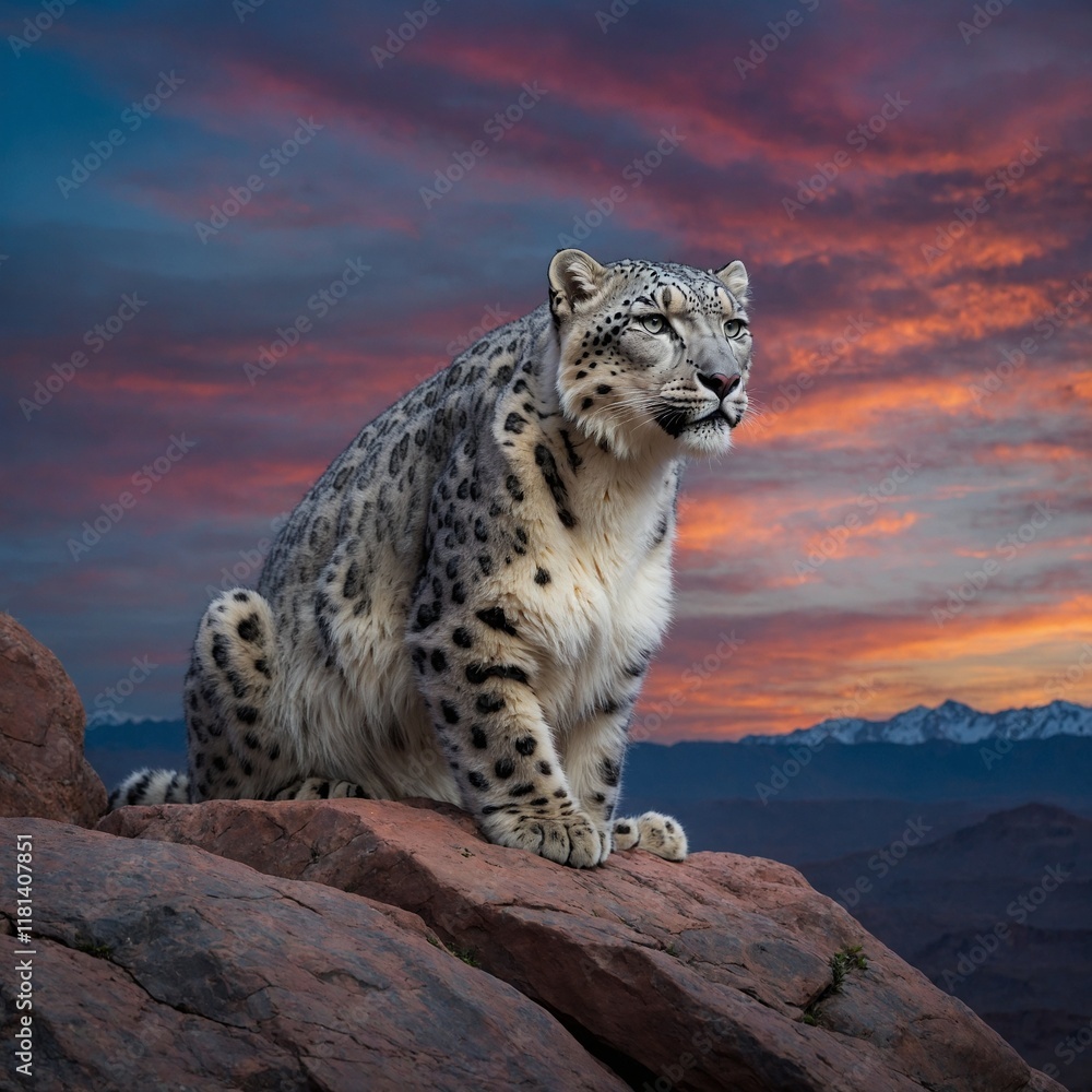 Obraz premium A snow leopard perched on a rocky outcrop with colorful skies at dusk.